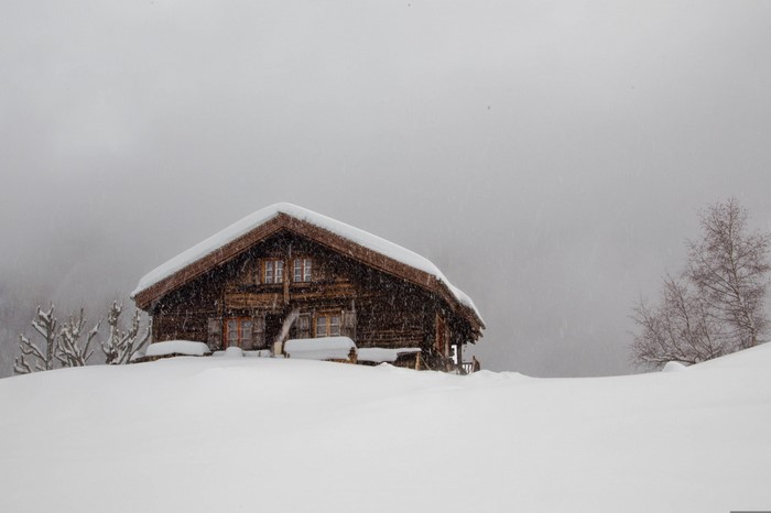 Wooden house in a snowy landscape during winter