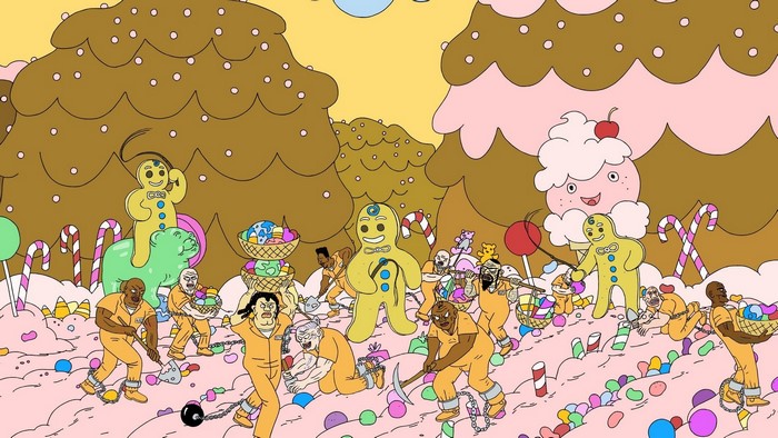 Superjail! characters in a candy land