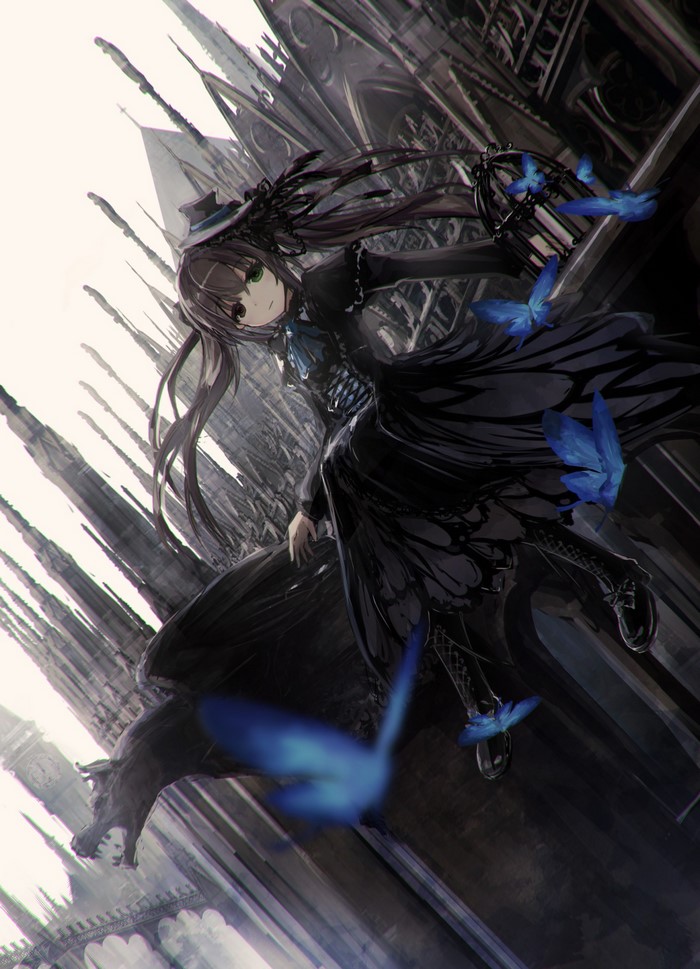 Gothic Lolita girl with butterflies and gothic architecture