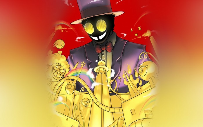 The Warden from Superjail in a surreal, golden landscape