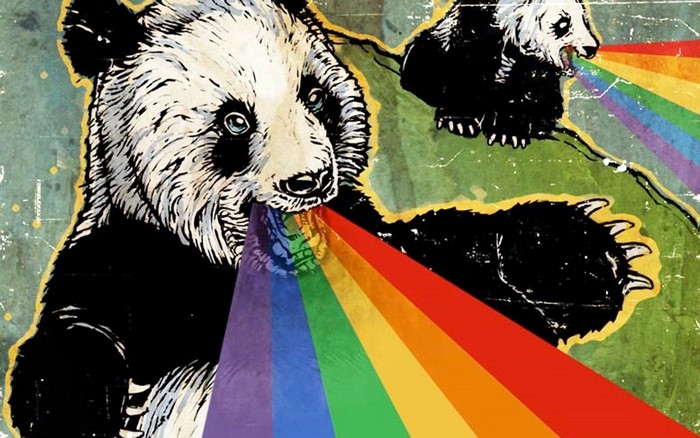 Pandas emitting rainbows, collage art