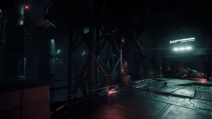 Star Citizen cargo hold interior with industrial lighting