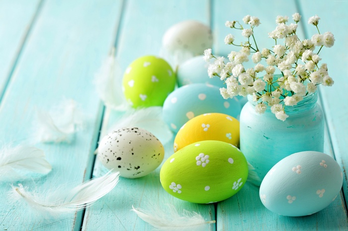 Easter eggs and flowers on a blue wooden table