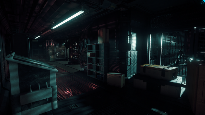 Interior of a dimly lit spaceship corridor in Star Citizen