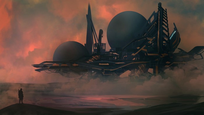 Futuristic structure in a misty, orange sky