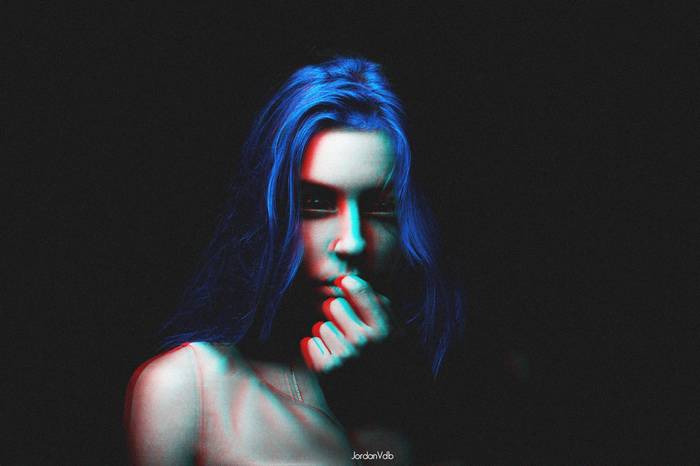 Woman with blue hair and glitch effect