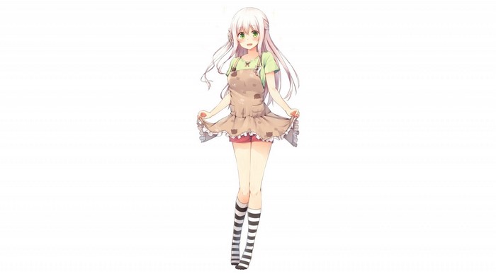 Anime girl with white hair and green eyes wearing an apron and socks