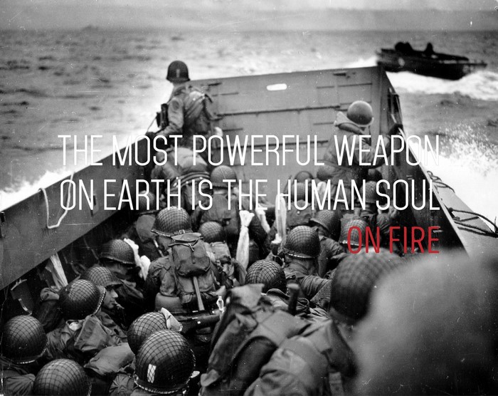 Soldiers in a boat with a quote about the human soul