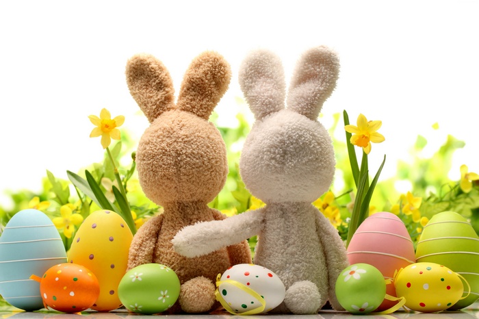 Easter bunnies and decorated eggs with daffodils