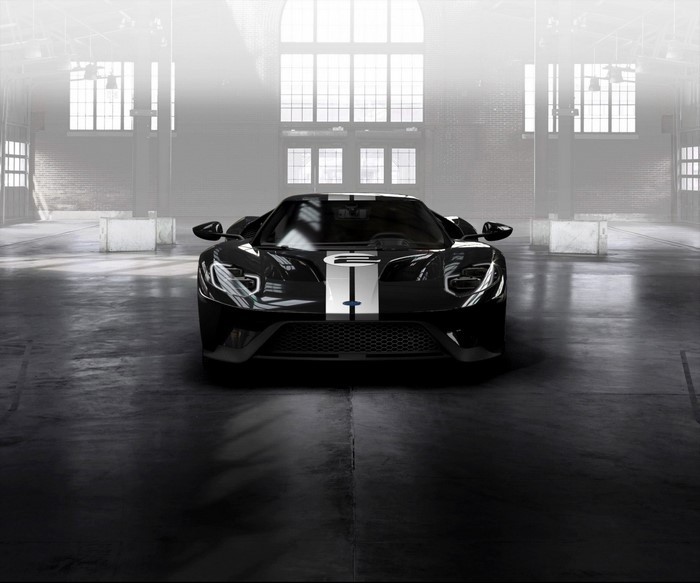 Black Ford GT with white racing stripes