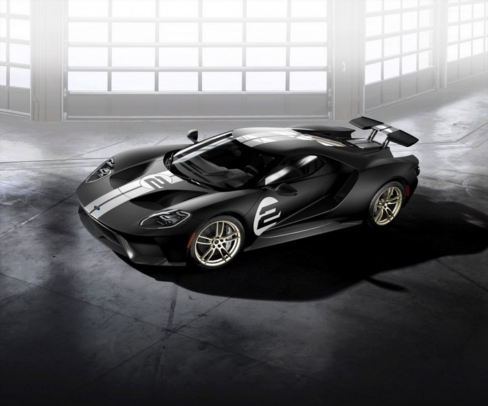 Black Ford GT with white racing stripes and number 2