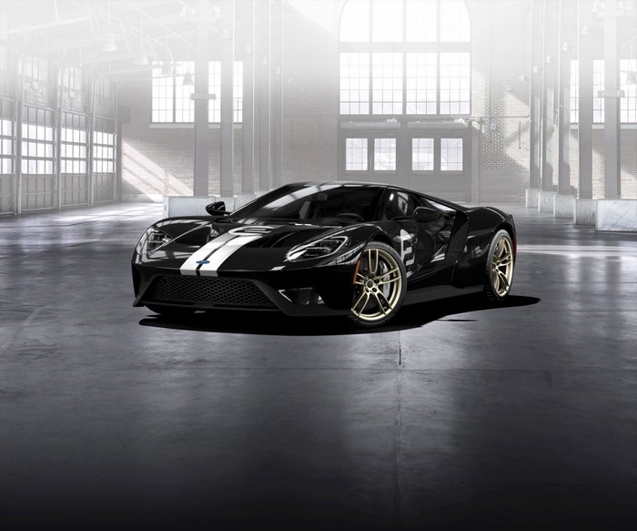 Black Ford GT with White Stripes in Warehouse