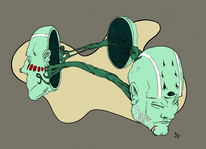 Surreal illustration of connected heads and organic tubes