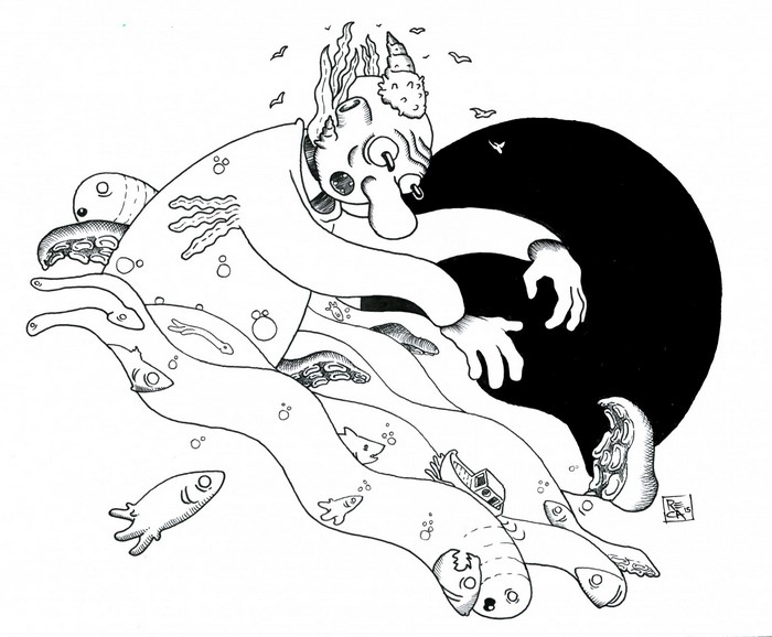 Surreal illustration of a creature with tentacles and fish