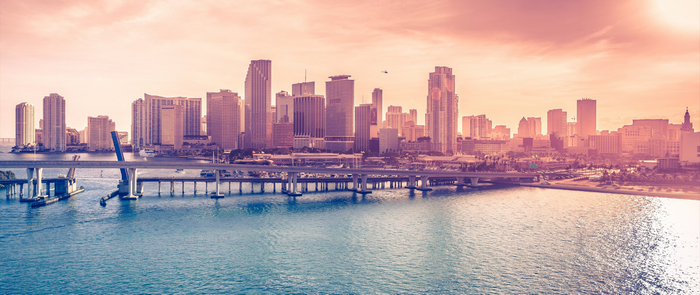 Miami Skyline with Bridge and Water at Sunset