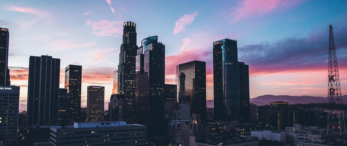 Los Angeles skyline at sunset with radio tower