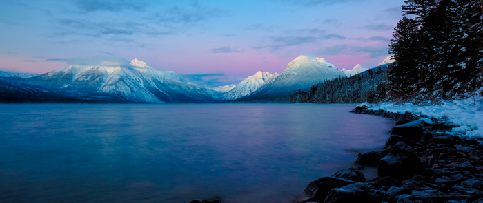 Snowy Mountains and Lake at Dawn
