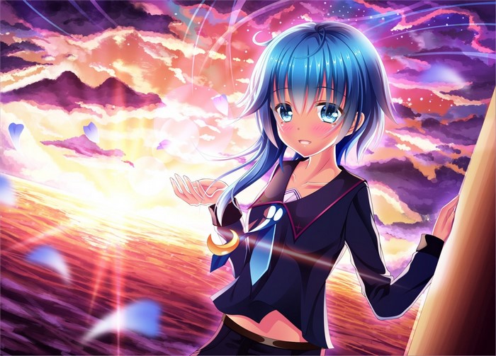Anime girl with blue hair at sunset over the sea