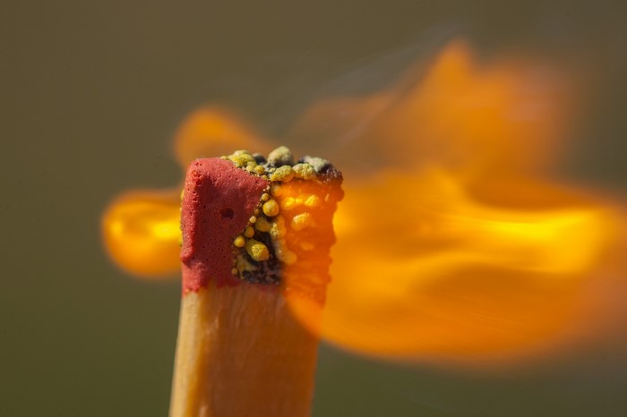 Close-up of a burning matchstick with flames