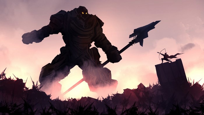 Giant creature with a spear and a warrior with a bow