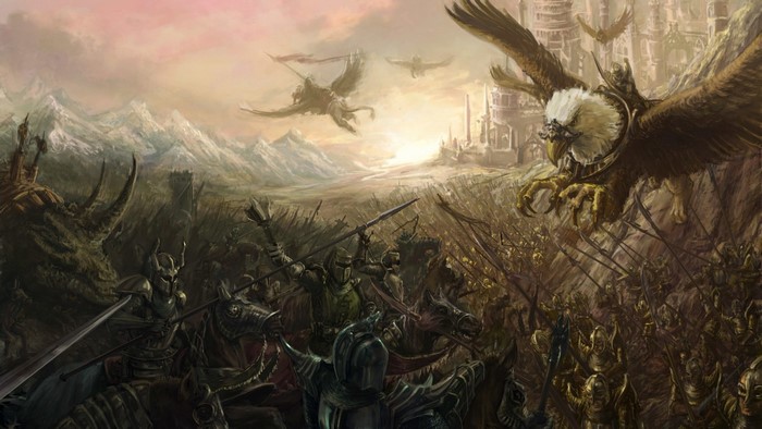 Fantasy battle with griffins and warriors