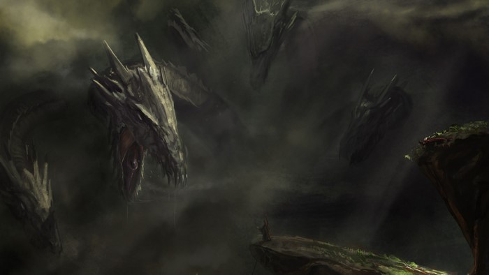 Multiple hydra heads emerge from dark clouds