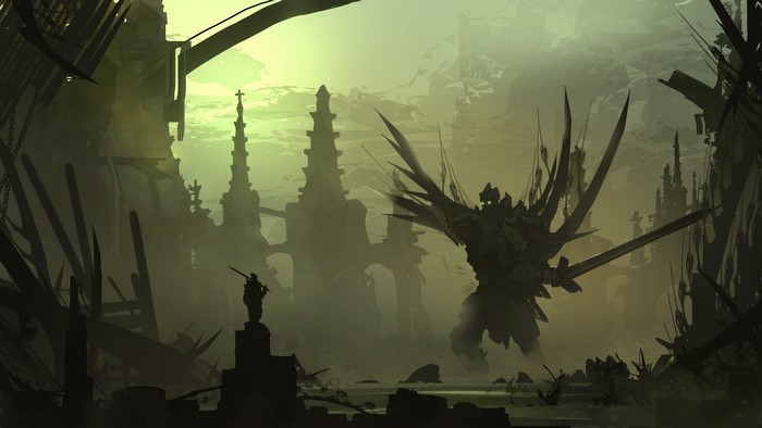 Giant creature with sword and lone warrior in ruined city