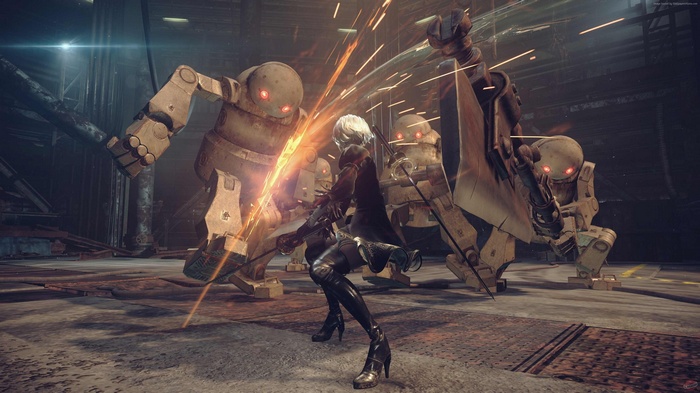 2B from NieR: Automata fighting robots