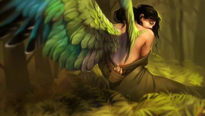 Fantasy girl with green wings in a jungle