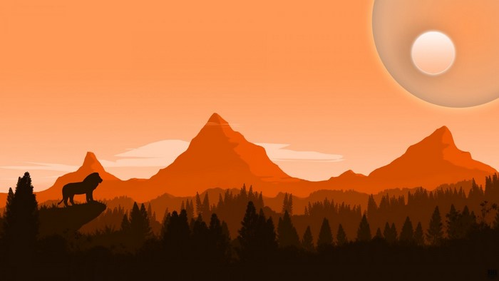 Lion on a cliff overlooking a forest and mountains at sunrise