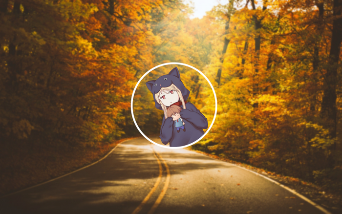 Anime girl in cat costume holding a doll on a road in autumn