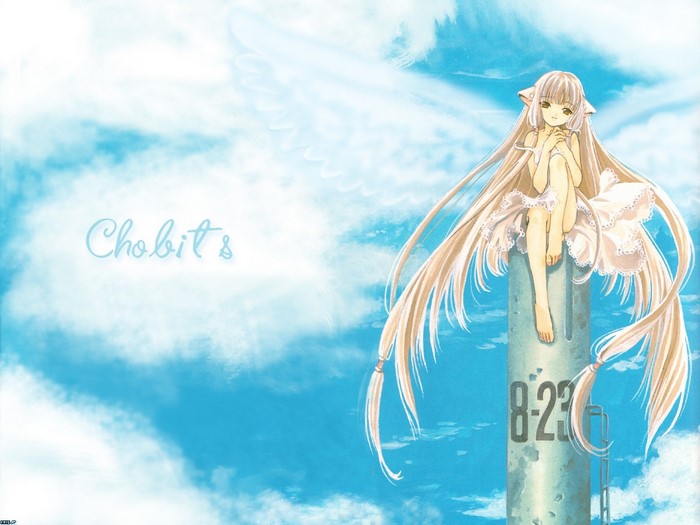 Chii from Chobits sitting on a pole