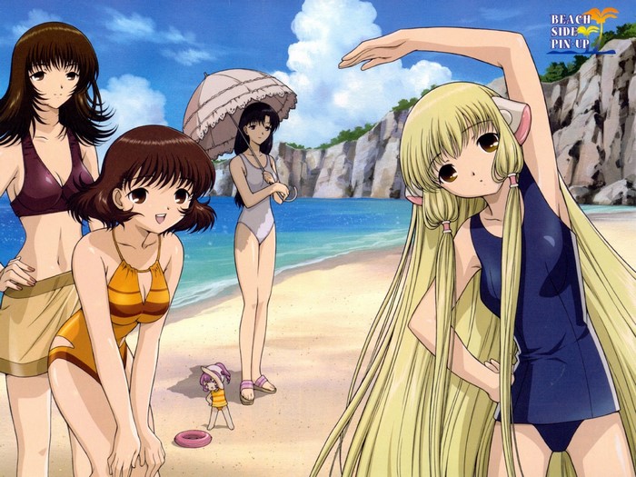 Anime girls on a beach with cliffs
