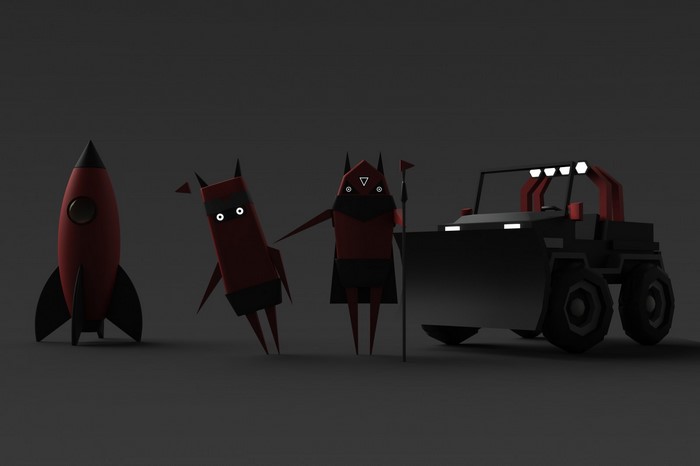 Low poly characters and a vehicle