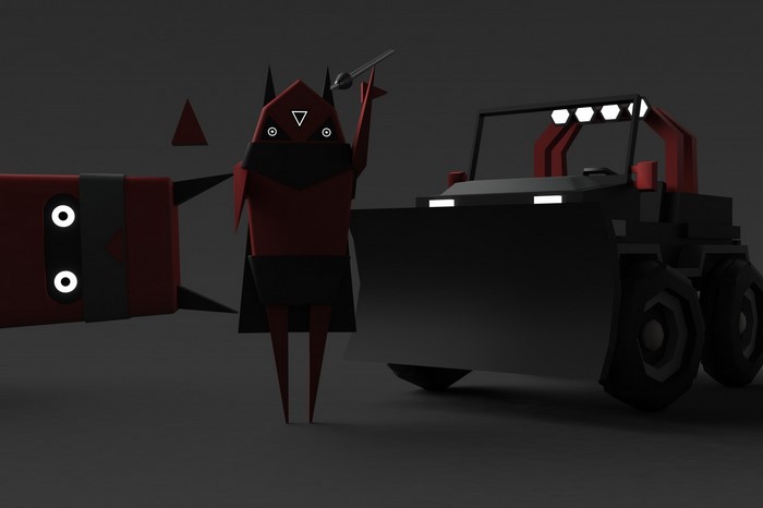 Red character with weapon and bulldozer