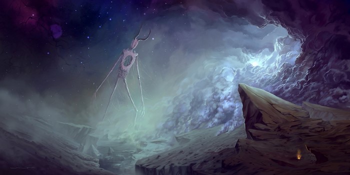Alien creature in a cosmic landscape with nebula and rocks
