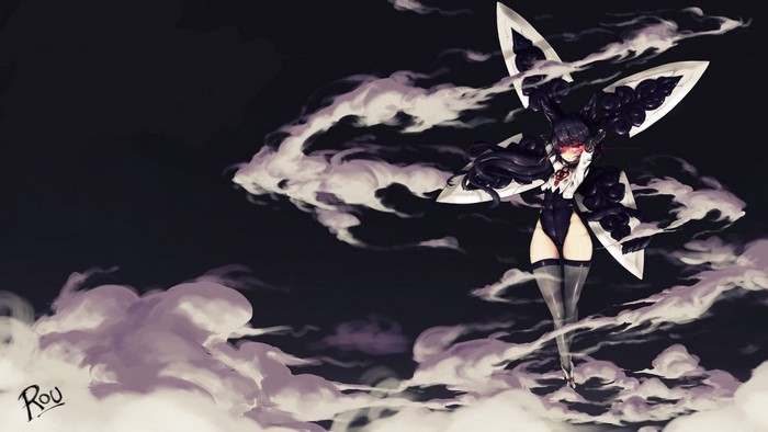 Female ninja with flower-like wings in clouds