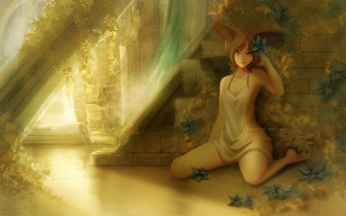Anime girl with fox ears in a white dress near ruins