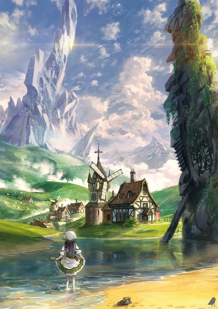 Anime girl in a village with windmills and futuristic structures