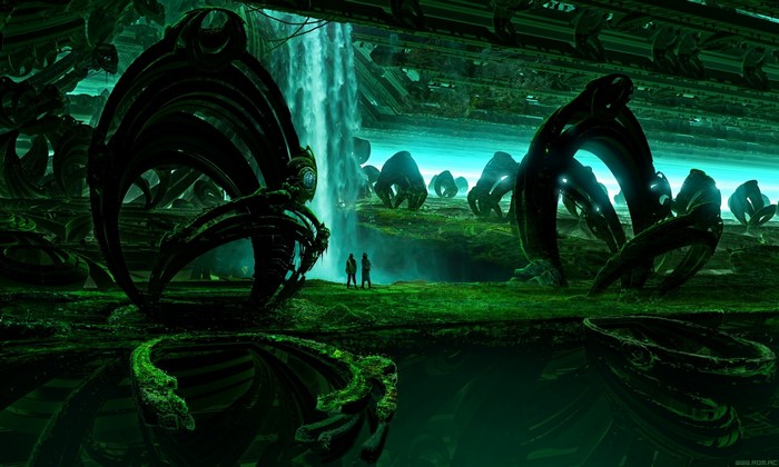Futuristic alien landscape with waterfall and strange structures