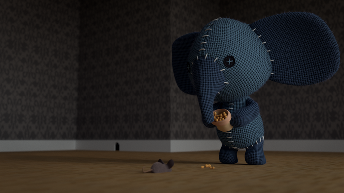 Stuffed elephant holding peanuts with a mouse nearby
