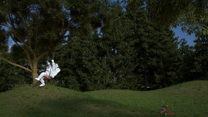 Astronaut on a swing in a forest with a tricycle