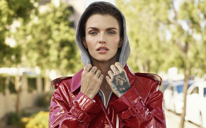 Ruby Rose in a red coat
