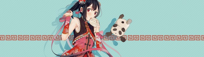Anime girl in Chinese dress eating a bun with a panda plush