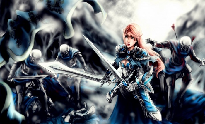 Fantasy warrior girl with sword fighting enemies