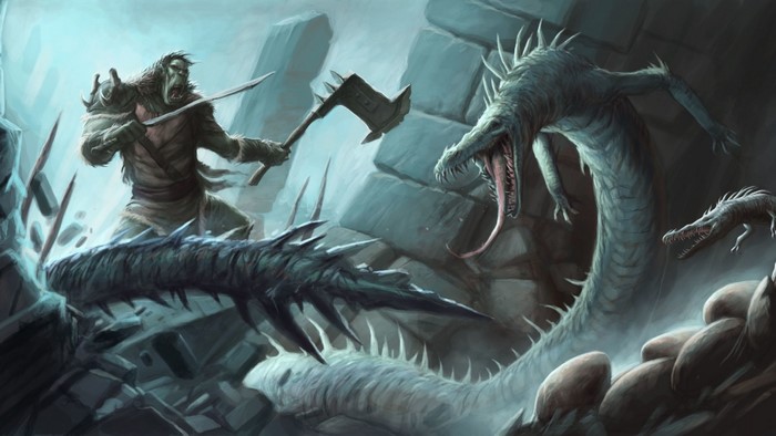 Orc warrior fighting a hydra in a cave