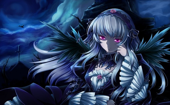 Suigintou from Rozen Maiden in a dark graveyard