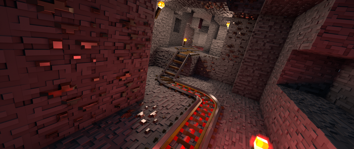 Minecraft minecart track in a dark cave