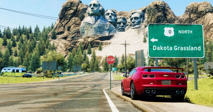 Chevrolet Camaro SS on road to Dakota Grassland near Mount Rushmore