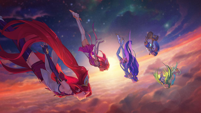 Star Guardians from League of Legends falling through the sky